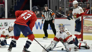 WASHINGTON, DC - NOVEMBER 27: Panthers goalie Sergei Bobrovsky (72) makes a save on Capitals right wing Tom Wilson (43) during the Florida Panthers vs. Washington Capitals on November 27, 2019 at Capital One Arena in Washington, D.C.. (Photo by Randy Litzinger/Icon Sportswire via Getty Images)