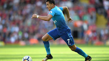 LIVERPOOL, ENGLAND - AUGUST 27: Alexis Sanchez of Arsenal in action during the Premier League match between Liverpool and Arsenal at Anfield on August 27, 2017 in Liverpool, England. (Photo by Michael Regan/Getty Images)