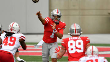 2021 NFL Draft prospect Quarterback Justin Fields #1 of the Ohio State Buckeyes (Photo by Jamie Sabau/Getty Images)