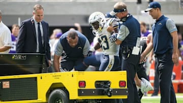 Aug 28, 2016; Minneapolis, MN, USA; San Diego Chargers running back Branden Oliver (43) is helped onto the cart after being injured during a play in the second quarter during a preseason game against the Minnesota Vikings at U.S. Bank Stadium. Mandatory Credit: Brace Hemmelgarn-USA TODAY Sports