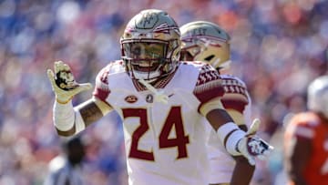 GAINESVILLE, FL - NOVEMBER 25: Florida State Seminoles defensive back Cyrus Fagan (24) celebrates a play during the game between the Florida State Seminoles and the Florida Gators on November 25, 2017 at Ben Hill Griffin Stadium at Florida Field in Gainesville, Fl. (Photo by David Rosenblum/Icon Sportswire via Getty Images)