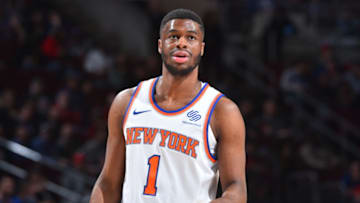 PHILADELPHIA,PA - FEBRUARY 12 : Emmanuel Mudiay #1 of the New York Knicks looks on against the Philadelphia 76ers at Wells Fargo Center on February 12, 2018 in Philadelphia, Pennsylvania. Copyright 2018 NBAE (Photo by Jesse D. Garrabrant/NBAE via Getty Images)