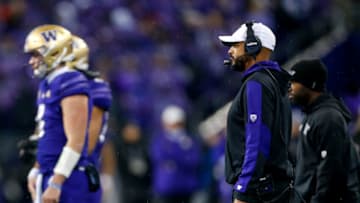 Nov 6, 2021; Seattle, Washington, USA; Washington Huskies head coach Jimmy Lake stands on the sideline during a second quarter timeout against the Oregon Ducks at Alaska Airlines Field at Husky Stadium. Mandatory Credit: Joe Nicholson-USA TODAY Sports