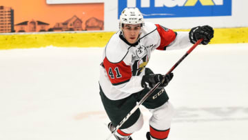 BOISBRIAND, QC - OCTOBER 20: Maxime Fortier #41 of the Halifax Mooseheads skates the puck against the Blainville-Boisbriand Armada during the QMJHL game at Centre d'Excellence Sports Rousseau on October 20, 2017 in Boisbriand, Quebec, Canada. The Halifax Mooseheads defeated the Blainville-Boisbriand Armada 4-2. (Photo by Minas Panagiotakis/Getty Images)