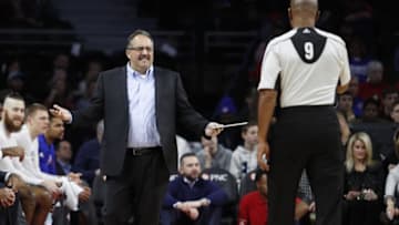 Dec 17, 2016; Auburn Hills, MI, USA; Detroit Pistons head coach Stan Van Gundy reacts at referee Derrick Stafford (9) during the first quarter against the Indiana Pacers at The Palace of Auburn Hills. Mandatory Credit: Raj Mehta-USA TODAY Sports