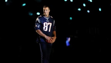 FOXBOROUGH, MASSACHUSETTS - SEPTEMBER 08: Former New England Patriots tight end Rob Gronkowski reacts during a Super Bowl LIII championship ceremony before the game between the New England Patriots and the Pittsburgh Steelers at Gillette Stadium on September 08, 2019 in Foxborough, Massachusetts. (Photo by Maddie Meyer/Getty Images)
