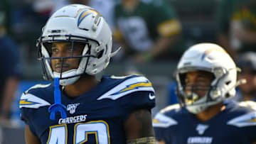 CARSON, CA - NOVEMBER 03: Michael Davis #43 of the Los Angeles Chargers seen before playing the Green Bay Packers at Dignity Health Sports Park on November 3, 2019 in Carson, California. Chargers won 26-11. (Photo by John McCoy/Getty Images)