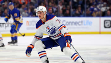 Mar 6, 2023; Buffalo, New York, USA; Edmonton Oilers center Nick Bjugstad (72) looks for the puck during the third period against the Buffalo Sabres at KeyBank Center. Mandatory Credit: Timothy T. Ludwig-USA TODAY Sports