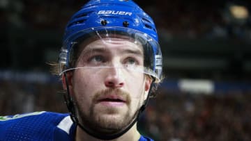 VANCOUVER, BC - JANUARY 10: Sven Baertschi #47 of the Vancouver Canucks looks on from the bench during their NHL game against the Arizona Coyotes at Rogers Arena January 10, 2019 in Vancouver, British Columbia, Canada. (Photo by Jeff Vinnick/NHLI via Getty Images)"n