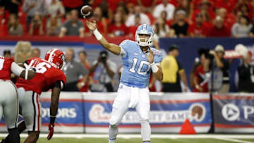 Sep 3, 2016; Atlanta, GA, USA; North Carolina Tar Heels quarterback Mitch Trubisky (10) throws against the Georgia Bulldogs during the first quarter of the 2016 Chick-Fil-A Kickoff game at Georgia Dome. Mandatory Credit: Brett Davis-USA TODAY Sports