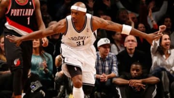 Nov 18, 2013; Brooklyn, NY, USA; Brooklyn Nets shooting guard Jason Terry (31) celebrates after scoring a three point basket during the second quarter against the Portland Trail Blazers at Barclays Center. Mandatory Credit: Anthony Gruppuso-USA TODAY Sports