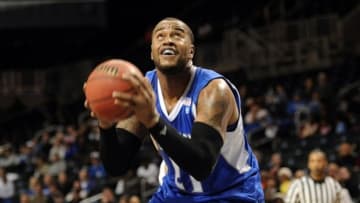 Dec 22, 2012; Brooklyn, NY, USA; Seton Hall Pirates center Gene Teague (21) goes up for a shot against the LIU Brooklyn Blackbirds during the first half of the Brooklyn Hoops Holiday Invitational at the Barclays Center. Mandatory Credit: Joe Camporeale-USA TODAY Sports
