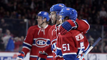 Nov 15, 2016; Montreal, Quebec, CAN; Montreal Canadiens forward David Desharnais (51) reacts with teammates including Tomas Plekanec (14) after scoring a goal against the Florida Panthers during the second period at the Bell Centre. Mandatory Credit: Eric Bolte-USA TODAY Sports