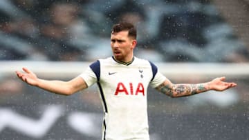 Tottenham Hotspur's Danish midfielder Pierre-Emile Hojbjerg gestures during the English Premier League football match between Tottenham Hotspur and West Bromwich Albion at Tottenham Hotspur Stadium in London, on February 7, 2021. (Photo by Julian Finney / POOL / AFP) / RESTRICTED TO EDITORIAL USE. No use with unauthorized audio, video, data, fixture lists, club/league logos or 'live' services. Online in-match use limited to 120 images. An additional 40 images may be used in extra time. No video emulation. Social media in-match use limited to 120 images. An additional 40 images may be used in extra time. No use in betting publications, games or single club/league/player publications. / (Photo by JULIAN FINNEY/POOL/AFP via Getty Images)