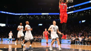Mar 10, 2015; Brooklyn, NY, USA; New Orleans Pelicans guard Elliot Williams (2) dunks during the fourth quarter against the Brooklyn Nets at Barclays Center. New Orleans Pelicans won 111-91. Mandatory Credit: Anthony Gruppuso-USA TODAY Sports