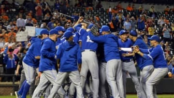 Sep 30, 2015; Baltimore, MD, USA; Toronto Blue Jays celebrate on the field after clinching the A.L East division at Oriole Park at Camden Yards. Toronto Blue Jays defeated Baltimore Orioles 15-2. Mandatory Credit: Tommy Gilligan-USA TODAY Sports