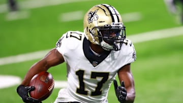 DETROIT, MI - OCTOBER 04: Emmanuel Sanders #17 of the New Orleans Saints makes a catch and runs the ball in the fourth quarter of the game against the Detroit Lions at Ford Field on October 4, 2020 in Detroit, Michigan. (Photo by Rey Del Rio/Getty Images)
