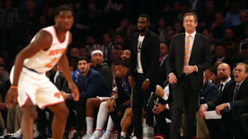 NEW YORK, NY - APRIL 09: Jeff Hornacek of the New York Knicks looks on in the fourth quarter against the Cleveland Cavaliers at Madison Square Garden on April 9, 2018 in New York City. NOTE TO USER: User expressly acknowledges and agrees that, by downloading and or using this photograph, User is consenting to the terms and conditions of the Getty Images License Agreement. (Photo by Mike Lawrie/Getty Images)