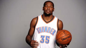 Sep 29, 2014; Oklahoma City, OK, USA; Oklahoma City Thunder forward Kevin Durant (35) poses during media day at Chesapeake Energy Arena. Mandatory Credit: Mark D. Smith-USA TODAY Sports