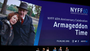 NEW YORK, NEW YORK - OCTOBER 13: Jaylin Webb, Michael Banks Repeta, Anne Hathaway, Jeremy Strong, James Gray, and Dennis Lim speak during a screening of "Armageddon Time" during the 60th New York Film Festival at The Film Society of Lincoln Center, Alice Tully Hall on October 13, 2022 in New York City. (Photo by Arturo Holmes/Getty Images for FLC)