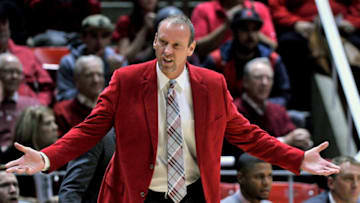 SALT LAKE CITY, UT - DECEMBER 2: Head coach Larry Krystkowiak of the Utah Utes questions a call in the first half against the Brigham Young Cougars at the Jon M. Huntsman Center on December 2, 2015 in Salt Lake City, Utah. (Photo by Gene Sweeney Jr/Getty Images)
