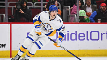 Jan 17, 2023; Chicago, Illinois, USA; Buffalo Sabres defenseman Owen Power (25) skates against the Chicago Blackhawks at United Center. Mandatory Credit: Jamie Sabau-USA TODAY Sports