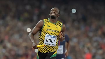 Aug 29, 2015; Beijing, China; Usain Bolt runs the anchor leg on the Jamaica 4 x 100m relay that won in 37.36 during the IAAF World Championships in Athletics at National Stadium. Mandatory Credit: Kirby Lee-USA TODAY Sports