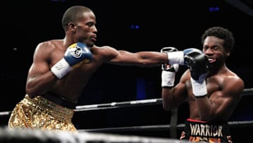 March 05, 2016: Tony Harrison (gold trunks) won by TKO in the sixth round against Fernando Guerrero (multicolor trunks) in a middleweight bout on Showtime's Shobox Special Edition at the Sands Bethlehem Event Center in Bethlehem, Pennsylvania. (Photo by Edward Diller/Icon Sportswire/Corbis via Getty Images)