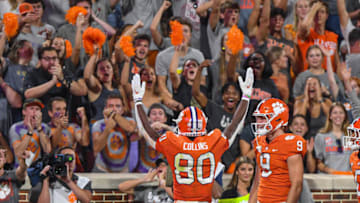 Sep 17, 2022; Clemson, South Carolina, USA; Clemson Tigers wide receiver Beaux Collins (80) reacts after catching a pass for a touchdown against the Louisiana Tech Bulldogs during the third quarter at Memorial Stadium. Mandatory Credit: Ken Ruinard-USA TODAY Sports