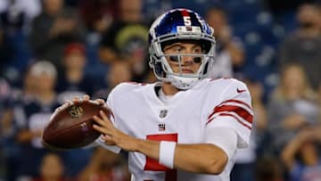 FOXBORO, MA - AUGUST 31: Davis Webb #5 of the New York Giants prepares to throw in the second half during a preseason game with the New England Patriots in the first half at Gillette Stadium on August 31, 2017 in Foxboro, Massachusetts. (Photo by Jim Rogash/Getty Images)