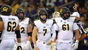 SEATTLE, WASHINGTON - SEPTEMBER 25: Chase Garbers #7 of the California Golden Bears reacts against the Washington Huskies during the third quarter at Husky Stadium on September 25, 2021 in Seattle, Washington. (Photo by Abbie Parr/Getty Images)