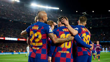 Lionel Messi of FC Barcelona celebrates scoring his team's goal during the Liga match (Photo by Silvestre Szpylma/Quality Sport Images/Getty Images)