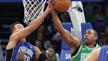Orlando Magic forward Aaron Gordon (00) blocks the shot of Boston Celtics forward Al Horford (42) on Sunday, Nov. 5, 2017 at the Amway Center in Orlando, Fla. (Stephen M. Dowell/Orlando Sentinel/TNS via Getty Images)