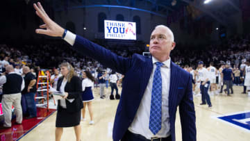 Jan 4, 2020; Philadelphia, Pennsylvania, USA; Penn State Nittany Lions head coach Pat Chambers waves to fans after defeatingt the Iowa Hawkeyes at The Palestra. Mandatory Credit: Bill Streicher-USA TODAY Sports