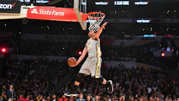 LOS ANGELES, CA - FEBRUARY 17: Larry Nance Jr. #24 of the Cleveland Cavaliers dunks the ball during the Verizon Slam Dunk Contest during State Farm All-Star Saturday Night as part of the 2018 NBA All-Star Weekend on February 17, 2018 at STAPLES Center in Los Angeles, California. NOTE TO USER: User expressly acknowledges and agrees that, by downloading and/or using this photograph, user is consenting to the terms and conditions of the Getty Images License Agreement. Mandatory Copyright Notice: Copyright 2018 NBAE (Photo by Jesse D. Garrabrant/NBAE via Getty Images)
