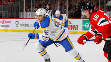 NEWARK, NEW JERSEY - OCTOBER 23: Anders Bjork #96 of the Buffalo Sabres in action against the New Jersey Devils at Prudential Center on October 23, 2021 in Newark, New Jersey. The Devils defeated the Sabres 2-1 in overtime. (Photo by Jim McIsaac/Getty Images)
