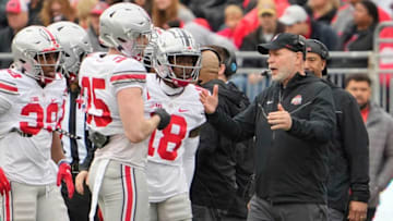 Apr 16, 2022; Columbus, Ohio, USA; Ohio State Buckeyes defensive coordinator Jim Knowles talks to his players during the spring football game at Ohio Stadium. Mandatory Credit: Adam Cairns-The Columbus DispatchNcaa Football Ohio State Spring Game