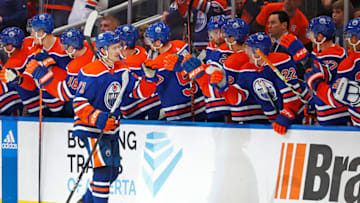 Oct 15, 2022; Edmonton, Alberta, CAN; The Edmonton Oilers celebrate a goal scored by forward Ryan McLeod (71) during the second period against there Calgary Flames at Rogers Place. Mandatory Credit: Perry Nelson-USA TODAY Sports
