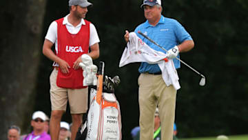 PEABODY, MA - JULY 1: Kenny Perry wipes down his club on the 18th fairway during the third round of the 2017 U.S. Senior Open Championship at Salem Country Club on July 1, 2017 in Peabody, Massachusetts. (Photo by Drew Hallowell/Getty Images)