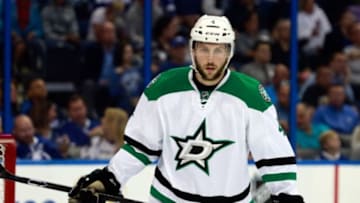 Oct 15, 2015; Tampa, FL, USA; Dallas Stars defenseman Jason Demers (4) against the Tampa Bay Lightning during the second period at Amalie Arena. Mandatory Credit: Kim Klement-USA TODAY Sports