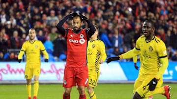 TORONTO, ON - NOVEMBER 29: Victor Vazquez #7 of Toronto FC reacts after having his penalty shot saved by Zack Steffan #23 Columbus Crew SC during the first half of the MLS Eastern Conference Finals, Leg 2 game at BMO Field on November 29, 2017 in Toronto, Ontario, Canada. (Photo by Vaughn Ridley/Getty Images)