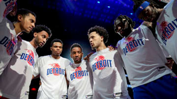 Frank Jackson #5, Braxton Key #8. Jamorko Pickett #24, Rodney McGruder #17, Cade Cunningham #2, Isaiah Stewart #28 and Jerami Grant #9 of the Detroit Pistons (Photo by Nic Antaya/Getty Images)