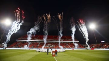 Oct 14, 2015; Toronto, Ontario, CAN; Fireworks go off prior to the start of a game between New York Red Bulls and Toronto FC during the first half at BMO Field. Mandatory Credit: John E. Sokolowski-USA TODAY Sports