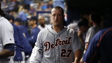 Jun 30, 2016; St. Petersburg, FL, USA; Detroit Tigers starting pitcher Jordan Zimmermann (27) looks on in the dugout during the first inning against the Tampa Bay Rays at Tropicana Field. Mandatory Credit: Kim Klement-USA TODAY Sports