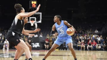 LAS VEGAS, NV - JUNE 8: Tiffany Hayes #15 of the Atlanta Dream handles the ball against the Las Vegas Aces on June 8, 2018 at the Mandalay Bay Events Center in Las Vegas, Nevada. NOTE TO USER: User expressly acknowledges and agrees that, by downloading and or using this Photograph, user is consenting to the terms and conditions of the Getty Images License Agreement. Mandatory Copyright Notice: Copyright 2018 NBAE (Photo by David Becker/NBAE via Getty Images)