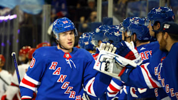 NEW YORK, NEW YORK - NOVEMBER 02: Will Cuylle #50 of the New York Rangers celebrates his game wining goal against the Carolina Hurricanes at Madison Square Garden on November 02, 2023 in New York City. The Rangers defeated the Hurricanes 2-1. (Photo by Bruce Bennett/Getty Images)