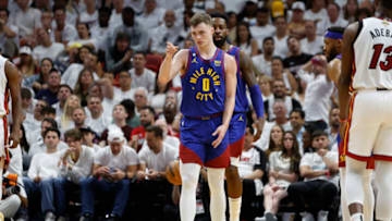 MIAMI, FLORIDA - JUNE 07: Christian Braun #0 of the Denver Nuggets reacts during the fourth quarter against the Miami Heat in Game Three of the 2023 NBA Finals at Kaseya Center on June 07, 2023 in Miami, Florida. NOTE TO USER: User expressly acknowledges and agrees that, by downloading and or using this photograph, User is consenting to the terms and conditions of the Getty Images License Agreement. (Photo by Mike Ehrmann/Getty Images)