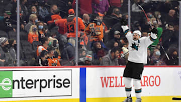 Jan 8, 2022; Philadelphia, Pennsylvania, USA; San Jose Sharks center Tomas Hertl (48) celebrates his game-winning goal for the hat trick against the Philadelphia Flyers during the overtime period at Wells Fargo Center. Mandatory Credit: Eric Hartline-USA TODAY Sports
