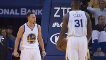 January 25, 2016; Oakland, CA, USA; Golden State Warriors guard Stephen Curry (30) celebrates after making a basket against the San Antonio Spurs during the third quarter at Oracle Arena. The Warriors defeated the Spurs 120-90. Mandatory Credit: Kyle Terada-USA TODAY Sports
