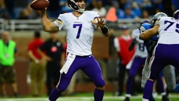 Sep 8, 2013; Detroit, MI, USA; Minnesota Vikings quarterback Christian Ponder (7) looks to pass in the fourth quarter against the Detroit Lions at Ford Field. Mandatory Credit: Andrew Weber-USA TODAY Sports